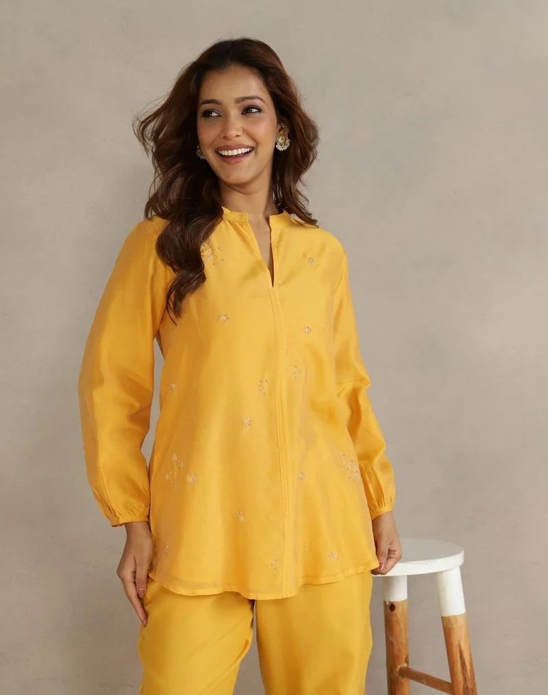 Fabindia Yellow Cotton Silk Hand Embroidered Tunic