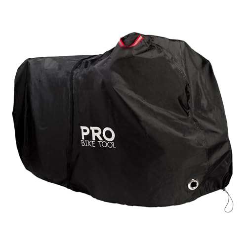 Pro Bike Tool غطاء دراجة مقاوم للماء من برو بايك تول - تخزين دراجات خارجية يناسب حتى 2 دراجات - مادة ثقيلة التحمل مع حماية من الأشعة فوق البنفسجية للحديقة أو الفناء أو رفوف السيارات - تصميم أسود متين - 81.5x46.5 بوصة - Image 1