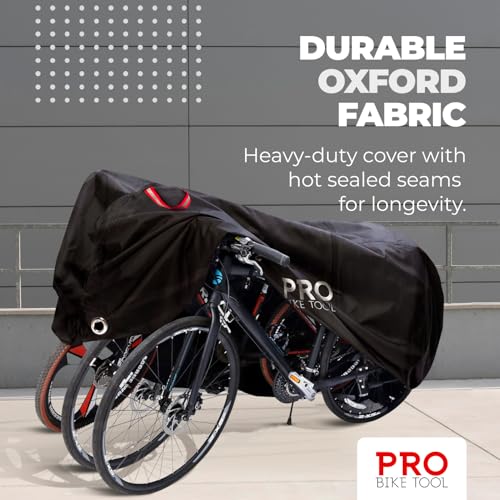 Pro Bike Tool غطاء دراجة مقاوم للماء من برو بايك تول - تخزين دراجات خارجية يناسب حتى 2 دراجات - مادة ثقيلة التحمل مع حماية من الأشعة فوق البنفسجية للحديقة أو الفناء أو رفوف السيارات - تصميم أسود متين - 81.5x46.5 بوصة - Image 2