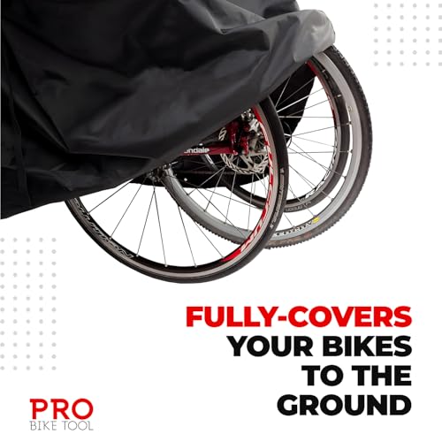 Pro Bike Tool غطاء دراجة مقاوم للماء من برو بايك تول - تخزين دراجات خارجية يناسب حتى 2 دراجات - مادة ثقيلة التحمل مع حماية من الأشعة فوق البنفسجية للحديقة أو الفناء أو رفوف السيارات - تصميم أسود متين - 81.5x46.5 بوصة - Image 4