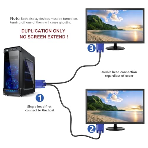 PASOW VGA Splitter Cable (No Screen Extension) 1 Male to 2 Male Dual Monitor Y Adapter 1080P Full HD for projectors, HDTVs, Monitors (5 Feet) - Only for Screen Duplication - Work for Identical Monitor - Image 2