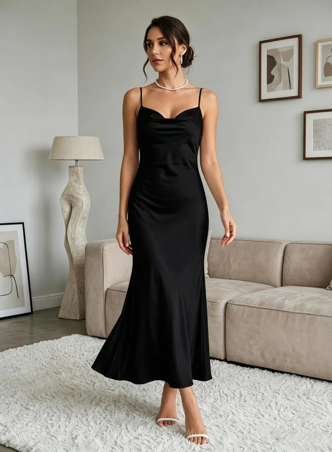 Take Two Elegant Black Satin Slip Dress - Modest Maxi For Special Occasions