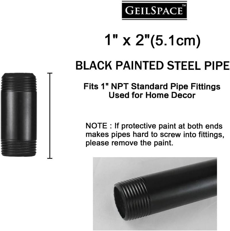 GeilSpace 1" × 2" Pre-Cut Black Metal Pipe, Industrial Steel Fits Standard One Inch Threaded Pipes and Fittings - Vintage DIY Industrial Shelving (1" × 2", Black) - Image 2
