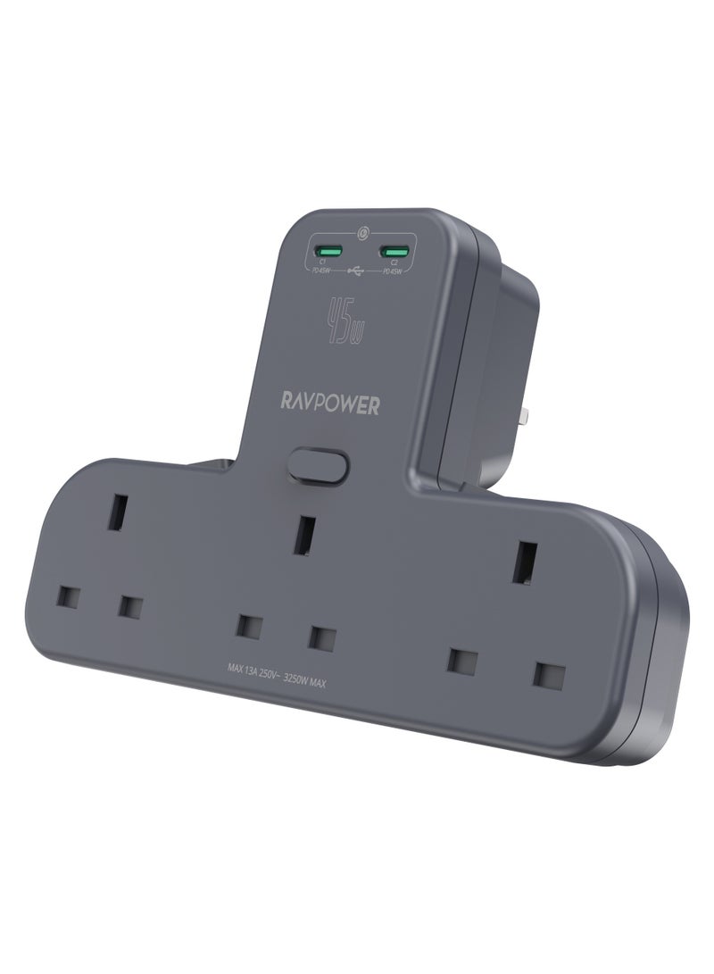 RAVPower 45W موسع مخرج الطاقة مع 3 مخرجات AC و 2 منفذ USB-C PD، موسع مخرج متعدد مع مفاتيح فردية، مركز حماية من زيادة الطاقة للمنزل، المكتب، والسفر - Image 1