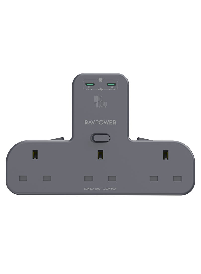 RAVPower 45W موسع مخرج الطاقة مع 3 مخرجات AC و 2 منفذ USB-C PD، موسع مخرج متعدد مع مفاتيح فردية، مركز حماية من زيادة الطاقة للمنزل، المكتب، والسفر - Image 2