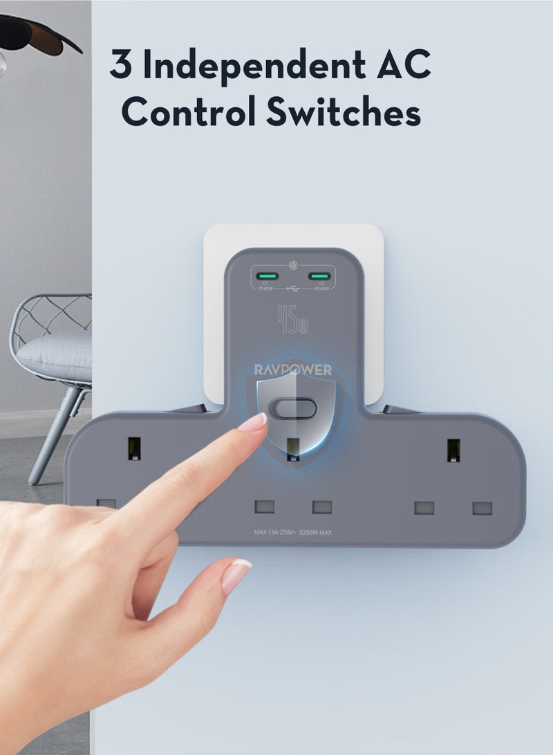 RAVPower 45W موسع مخرج الطاقة مع 3 مخرجات AC و 2 منفذ USB-C PD، موسع مخرج متعدد مع مفاتيح فردية، مركز حماية من زيادة الطاقة للمنزل، المكتب، والسفر - Image 4