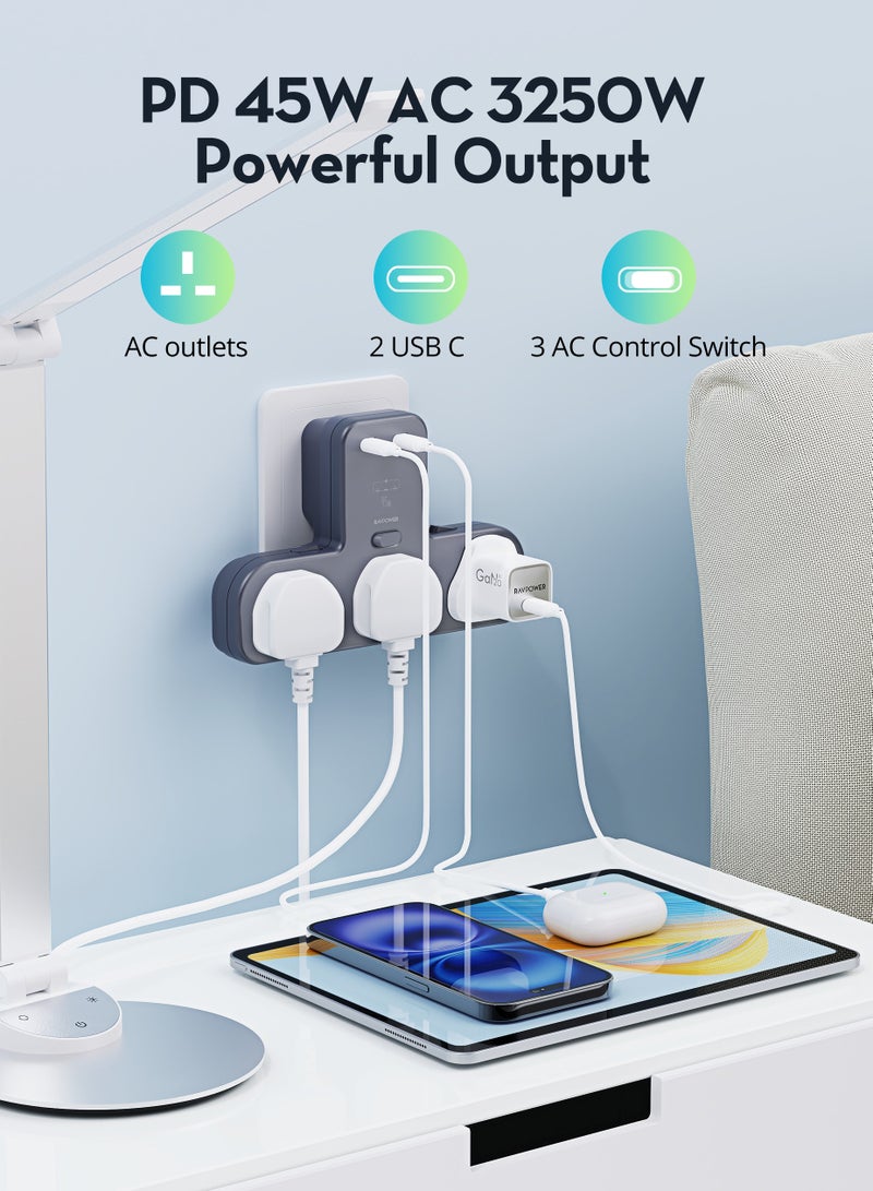 RAVPower 45W موسع مخرج الطاقة مع 3 مخرجات AC و 2 منفذ USB-C PD، موسع مخرج متعدد مع مفاتيح فردية، مركز حماية من زيادة الطاقة للمنزل، المكتب، والسفر - Image 5
