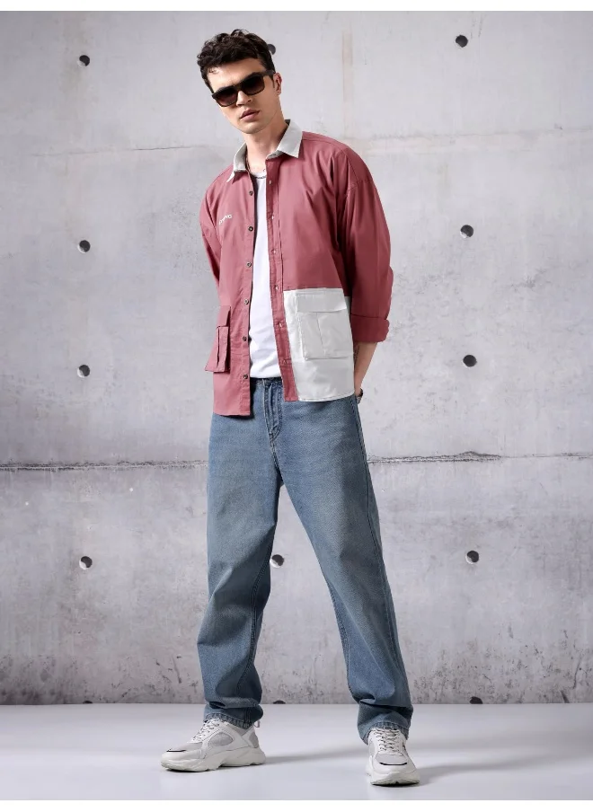 Beyoung Mauve Color Block Urban Shirt for Men