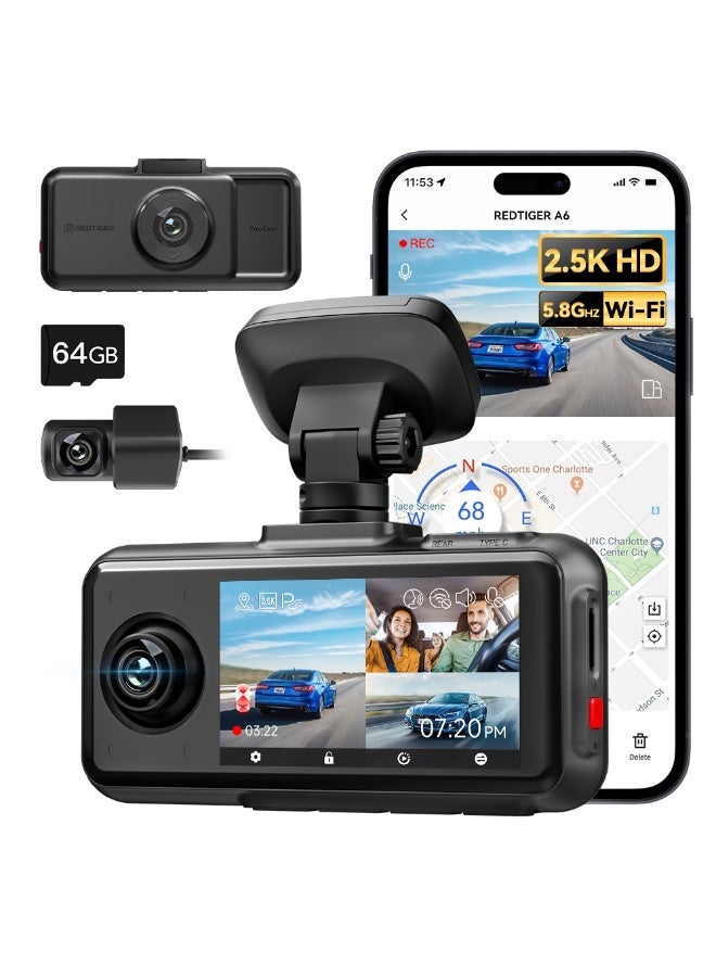 REDTIGER A6 3 Cameras Front/Cabin/Rear Cam 4K Dash Cam Built-in 5.8Ghz WiFi GPS Car DVR Night Vision Parking Monitor 3 Cameras - Image 1