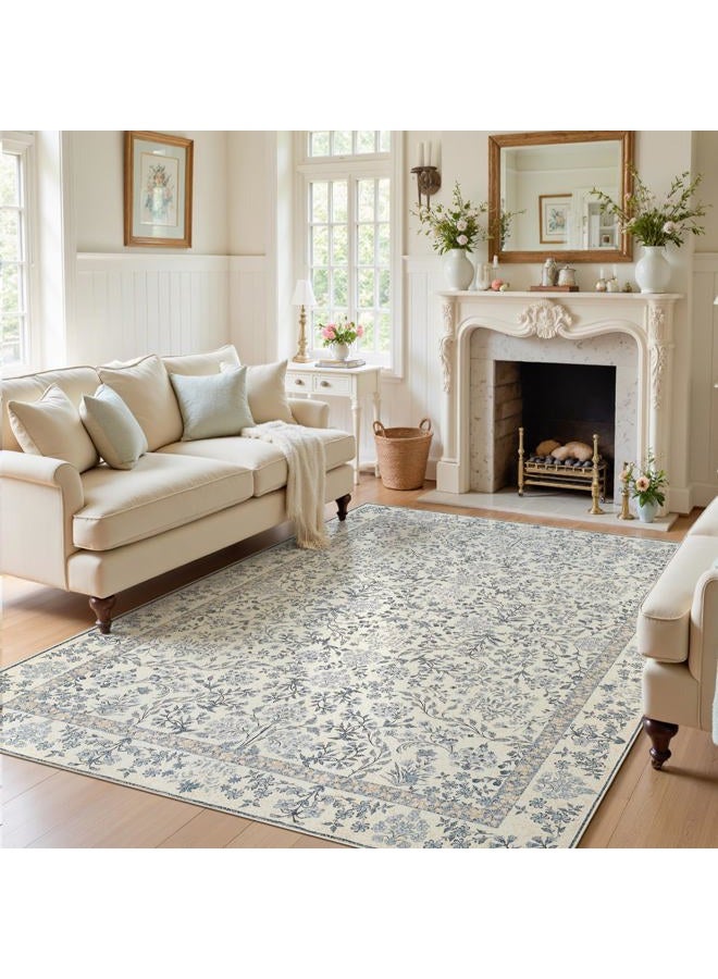 jinchan Zenith Floral 6x9 Area Rug Soft Low-Pile Living Room Rug Machine Washable Non-Slip Vintage Botanical Aesthetic Throw Carpet for Bedroom Dining Room Nursery Blue/Cream - Image 1