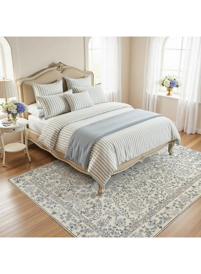 jinchan Zenith Floral 6x9 Area Rug Soft Low-Pile Living Room Rug Machine Washable Non-Slip Vintage Botanical Aesthetic Throw Carpet for Bedroom Dining Room Nursery Blue/Cream - Image 2