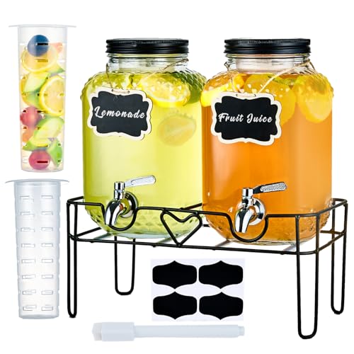 TienChoo 1 Gallon Glass Drink Dispensers for Parties, Beverage Dispenser with Stand and Fruit Infuser, Glass Lemonade Dispenser with Stainless Steel Spigot for Kombucha, Sun Tea, Juices, BBQ, Weddings - Image 1