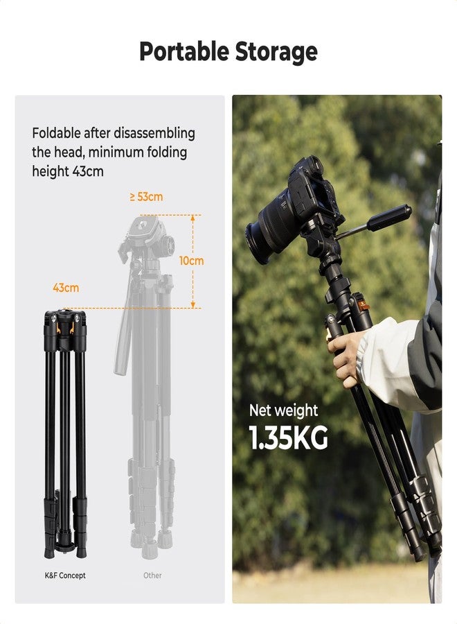 K&F CONCEPT Tripod Camera 196 cm O234A0+BV01 with 3-Way Swivel Head Tilt +100°/-70°, Load 4 kg for SLR, DSLR, Smartphone with Phone Holder - Image 3