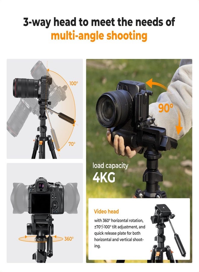 K&F CONCEPT Tripod Camera 196 cm O234A0+BV01 with 3-Way Swivel Head Tilt +100°/-70°, Load 4 kg for SLR, DSLR, Smartphone with Phone Holder - Image 4