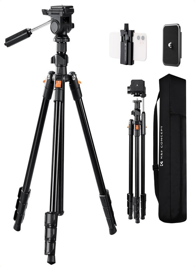 K&F CONCEPT Tripod Camera 196 cm O234A0+BV01 with 3-Way Swivel Head Tilt +100°/-70°, Load 4 kg for SLR, DSLR, Smartphone with Phone Holder - Image 1