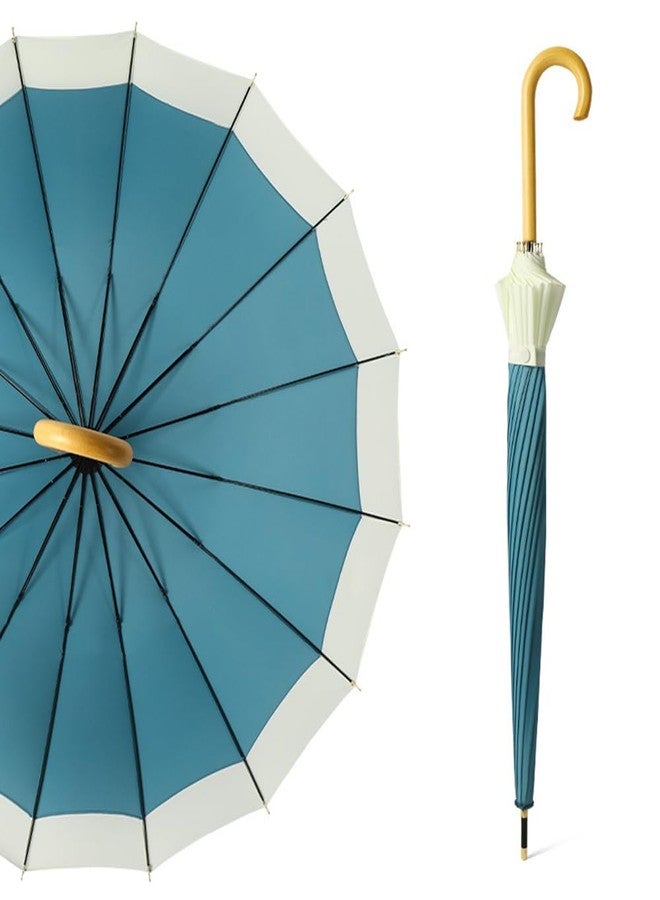 ThreeH Large Stick Umbrella 48 Inch with Wood Hook Handle Automatic Opened for Men and Women Strong 16 Ribs Windproof Umbrellas for Rain,Blue - Image 2