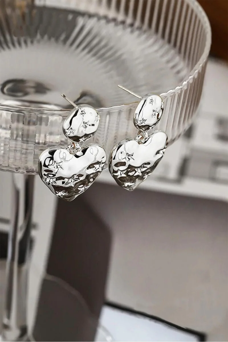 Bahels Star Patterned Dangle Silver Heart Earrings