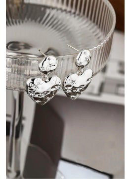 Bahels Star Patterned Dangle Silver Heart Earrings  - Image 3