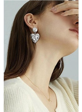 Bahels Star Patterned Dangle Silver Heart Earrings  - Image 2