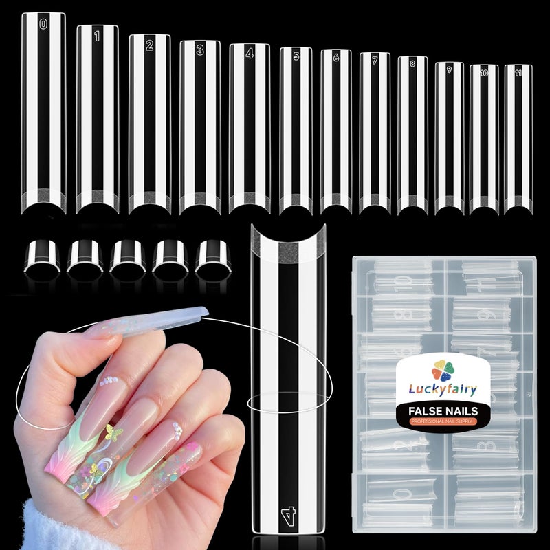 Luckyfairy XXL Nail Tips Square 120 Pcs 12 Sizes - No C Curve Flat Square Pre-buff 2XL Half Cover Tapered Gel Acrylic Nail Tips False Nails Gelly Tips for DIY Nail Art Salon - Image 1