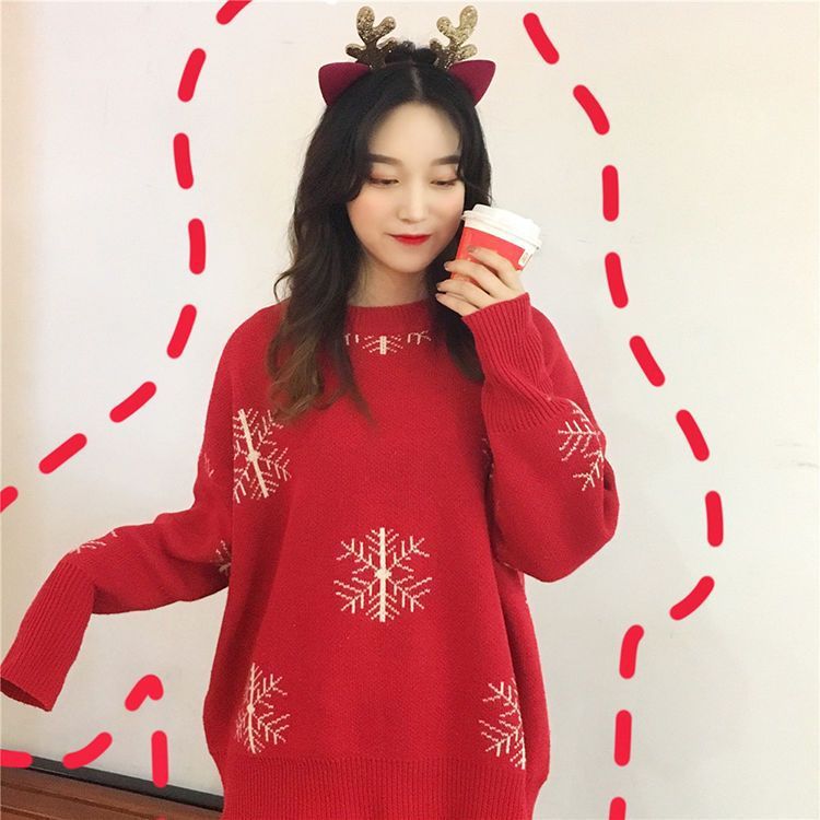 Christmas Red Jacquard Sweater Women Autumn New Knit Top Deer - Image 2