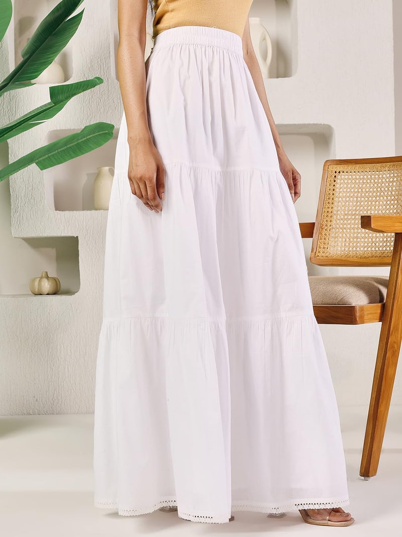FIORRA Women's White Cotton Tiered Maxi Skirt BTM024 - Image 3