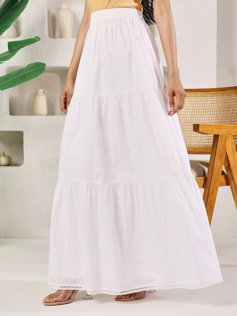 FIORRA Women's White Cotton Tiered Maxi Skirt BTM024 - Image 4