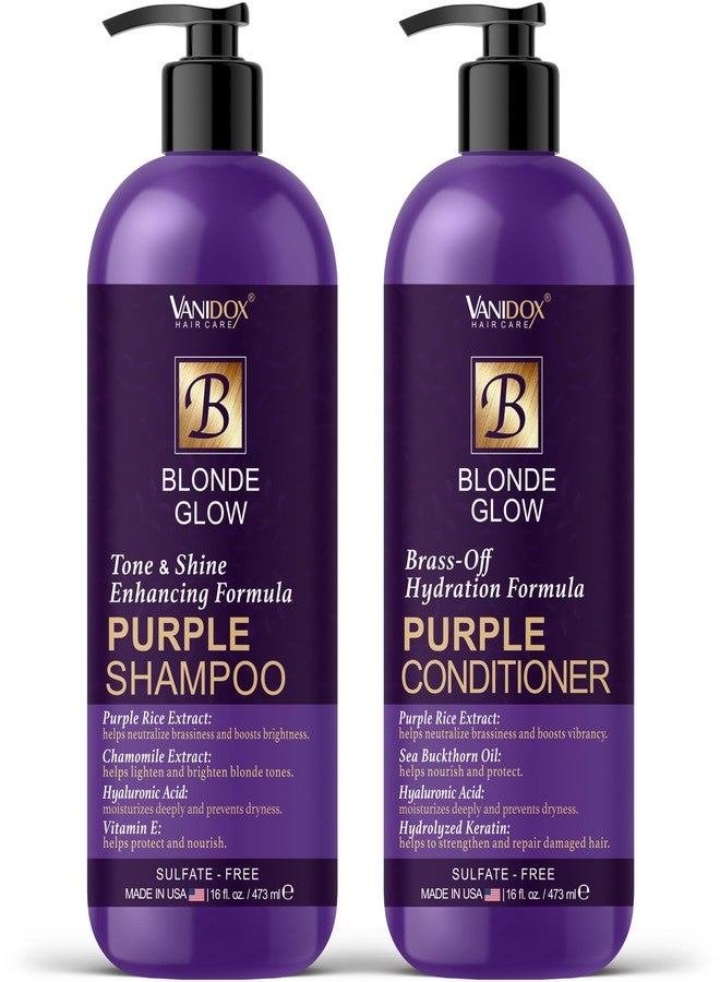 VANIDOX Sulfate Free Brass Toning Purple Shampoo and Conditioner Set for Blondes, Brown Highlighted, or Bleached Hair, Shampoo for Blondes Infused with Purple Rice Extract (16 fl oz each) - Image 1