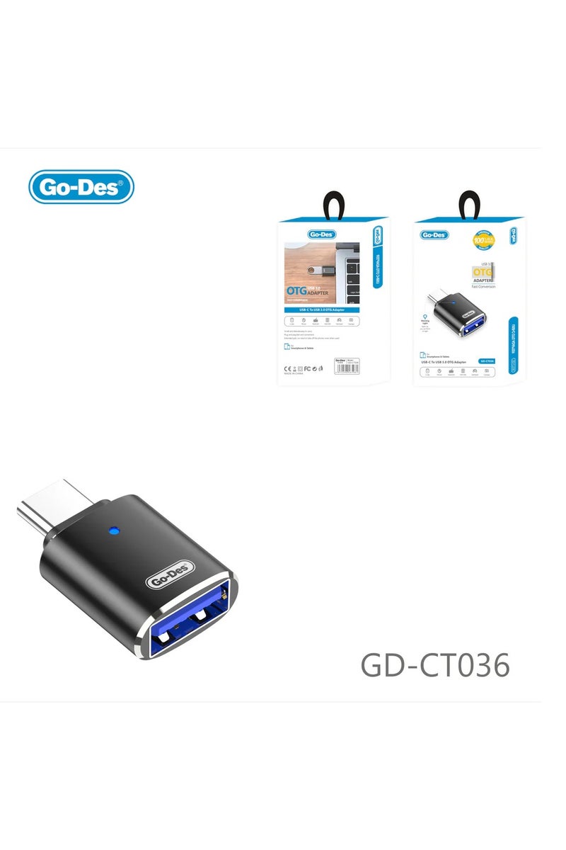 GO-DES USB-C to USB 3.0 OTG Male to Female Adapter with Warning Light Design Zinc Alloy Plug and Play for U Disk Mouse Keyboard Phone - Image 1