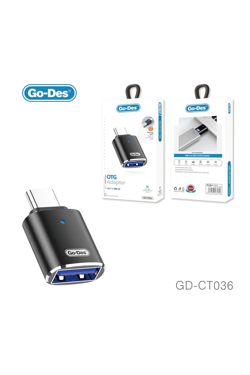 GO-DES USB-C to USB 3.0 OTG Male to Female Adapter with Warning Light Design Zinc Alloy Plug and Play for U Disk Mouse Keyboard Phone - Image 2