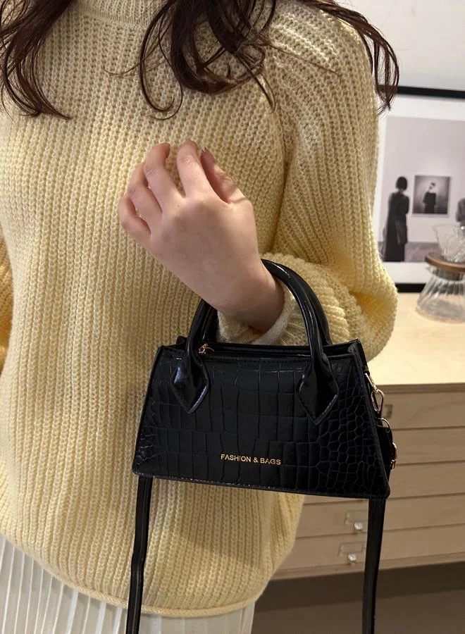 Black Croc-Embossed Crossbody Bag