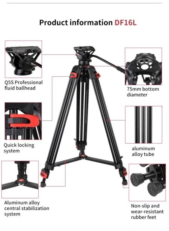 COMAN Coman Professional Video Tripod Heavy Duty DF16L Aluminium Tripod with Q5S Videohead - Image 4