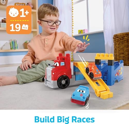 MEGA BLOKS First Builders Toddler Building Blocks Toy Set, Build & Race Rig with 19 Pieces, 2 Race Cars and Storage, Red, Ages 1+ Years - Image 2