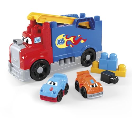 MEGA BLOKS First Builders Toddler Building Blocks Toy Set, Build & Race Rig with 19 Pieces, 2 Race Cars and Storage, Red, Ages 1+ Years - Image 4