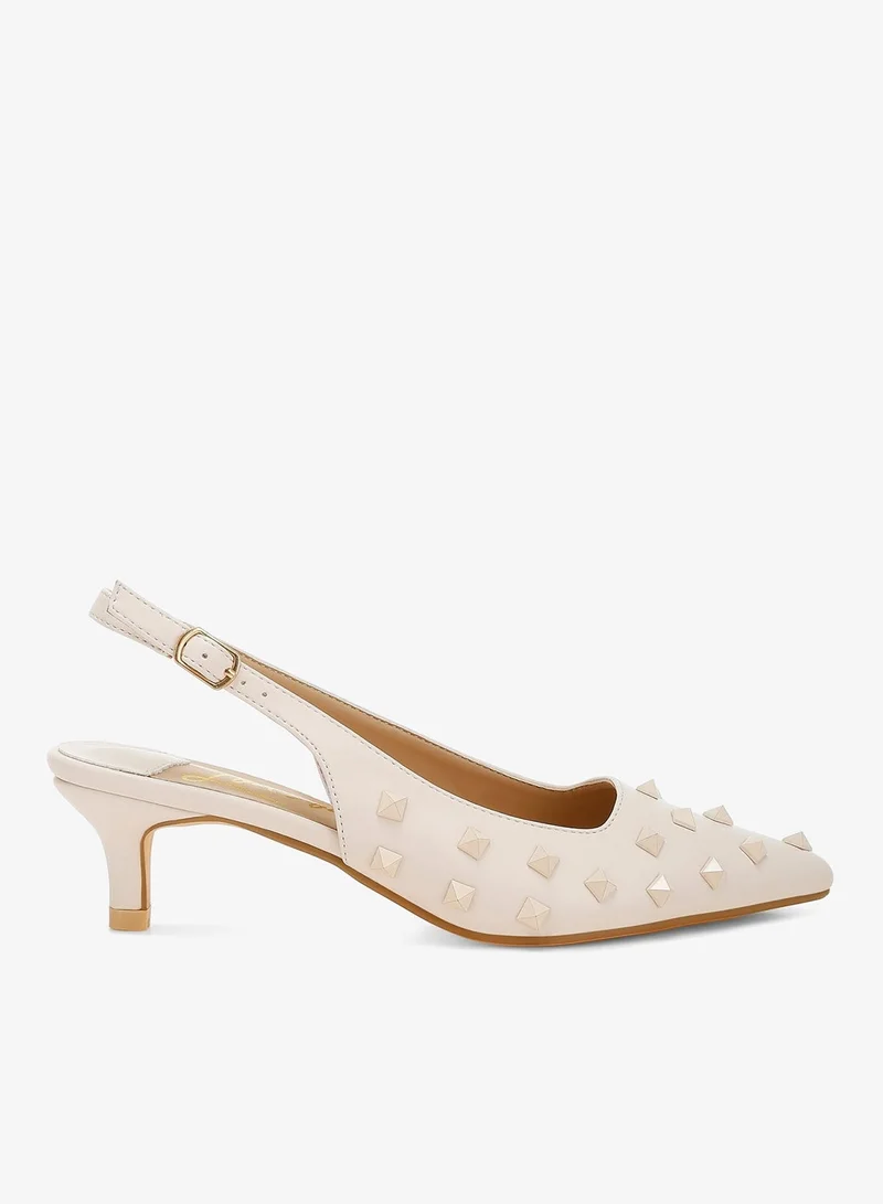 Stud Embellished Kitten Heels in Beige