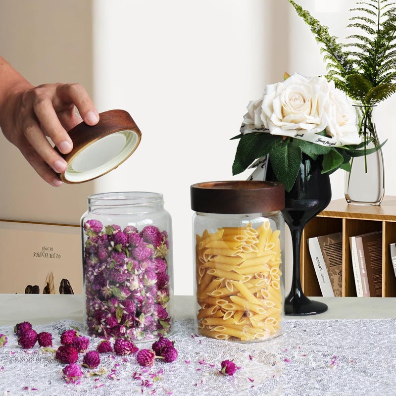 Circular glass storage jar with wooden lid and transparent food storage jar  Transparent  2PC - Image 3