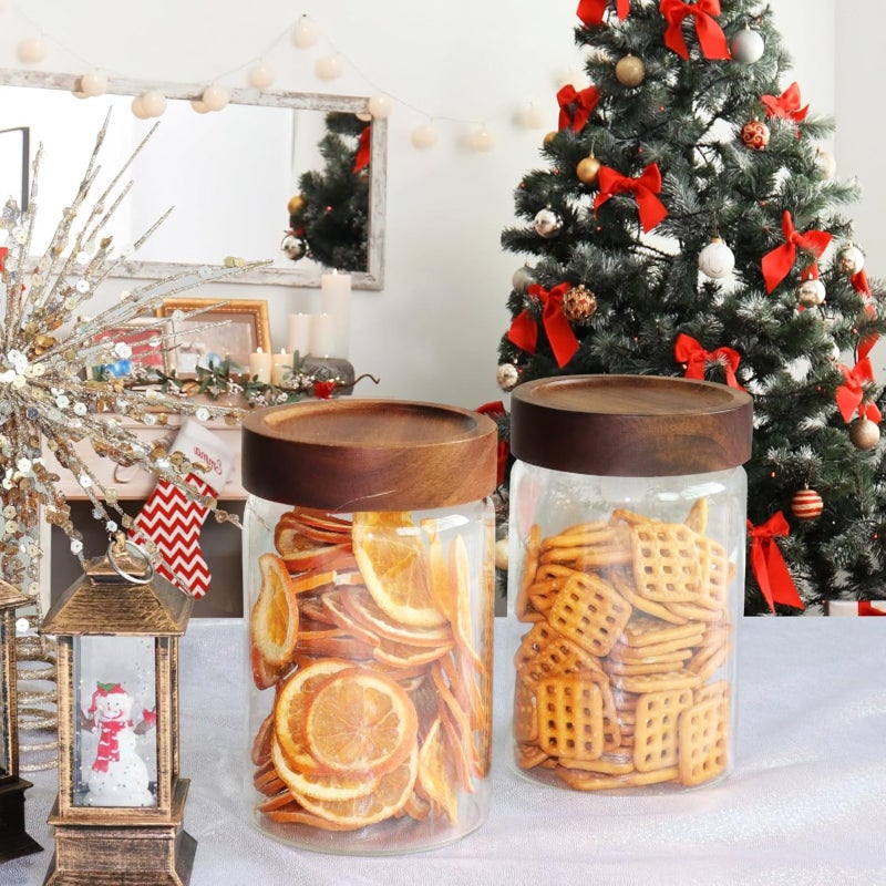 Circular glass storage jar with wooden lid and transparent food storage jar  Transparent  2PC - Image 4