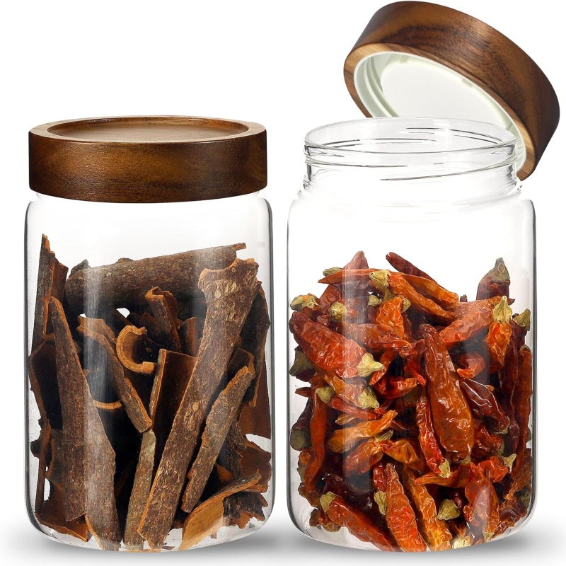 Circular glass storage jar with wooden lid and transparent food storage jar  Transparent  2PC - Image 1