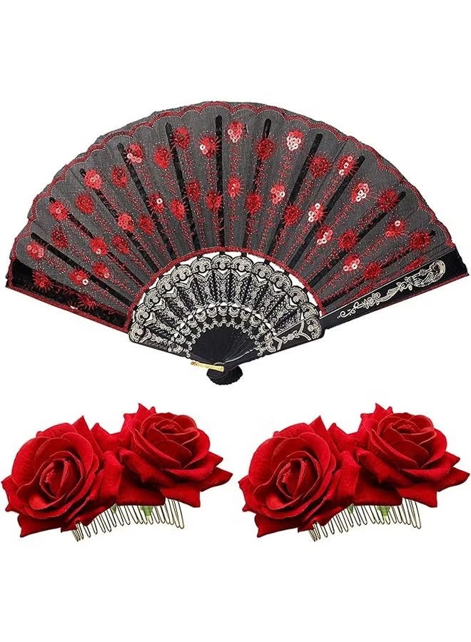 2 Pieces Women Rose Flower Hair Clip and Embroidered Sequins Fabric Handheld Folding Fan Hair Accessories for Flamenco Dancer Costume Accessories Girl Cosplay Party - Image 1