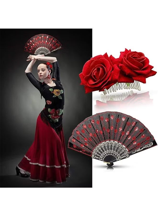 2 Pieces Women Rose Flower Hair Clip and Embroidered Sequins Fabric Handheld Folding Fan Hair Accessories for Flamenco Dancer Costume Accessories Girl Cosplay Party - Image 4