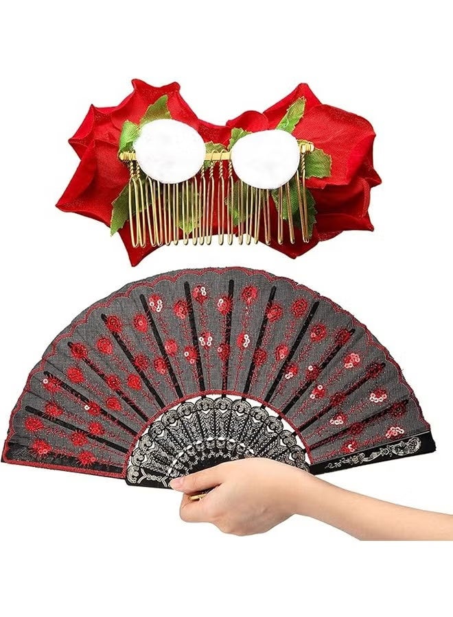 2 Pieces Women Rose Flower Hair Clip and Embroidered Sequins Fabric Handheld Folding Fan Hair Accessories for Flamenco Dancer Costume Accessories Girl Cosplay Party - Image 5