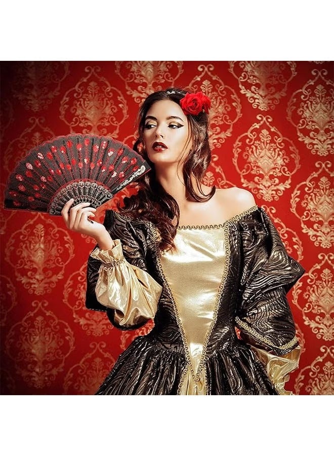 2 Pieces Women Rose Flower Hair Clip and Embroidered Sequins Fabric Handheld Folding Fan Hair Accessories for Flamenco Dancer Costume Accessories Girl Cosplay Party - Image 2