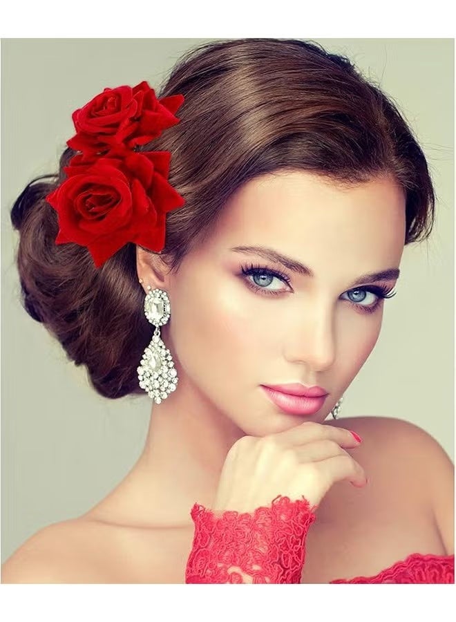 2 Pieces Women Rose Flower Hair Clip and Embroidered Sequins Fabric Handheld Folding Fan Hair Accessories for Flamenco Dancer Costume Accessories Girl Cosplay Party - Image 3