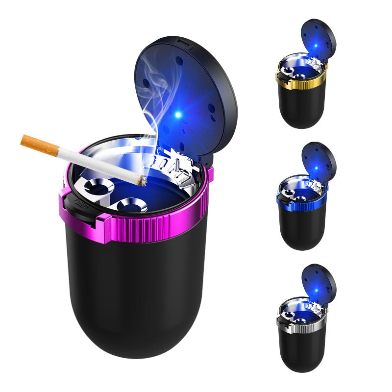 Ohleats Car Ashtray with Lid, Detachable Stainless Steel Ash Tray with LED Blue Light, Portable Mini Vehicle Cup Holder Trash Can Smell Proof Ashtray Cup, Universal Car Accessories (Purple) - Image 1
