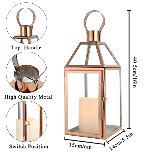 JHY Design Rose Gold Decorative Lanterns 16 inch High Stainless Steel Candle Lanterns with Tempered Glass for Indoor Outdoor Events Parities and Weddings - Image 3