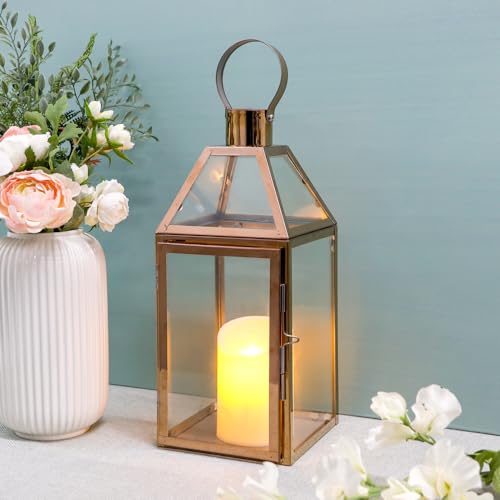 JHY Design Rose Gold Decorative Lanterns 16 inch High Stainless Steel Candle Lanterns with Tempered Glass for Indoor Outdoor Events Parities and Weddings - Image 1
