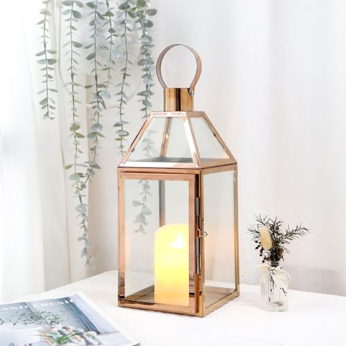 JHY Design Rose Gold Decorative Lanterns 16 inch High Stainless Steel Candle Lanterns with Tempered Glass for Indoor Outdoor Events Parities and Weddings - Image 2