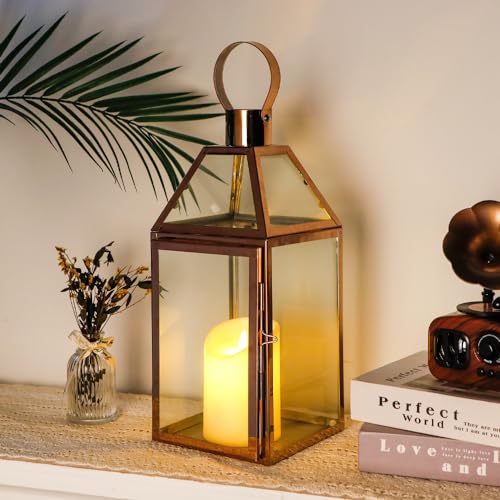 JHY Design Rose Gold Decorative Lanterns 16 inch High Stainless Steel Candle Lanterns with Tempered Glass for Indoor Outdoor Events Parities and Weddings - Image 5