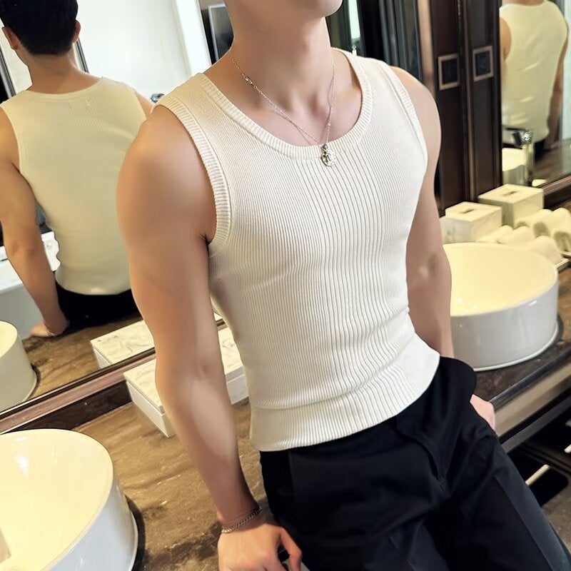 High-grade texture pattern inner base vest mens American-style retro striped knitted vest slim-fit elastic and comfortable White