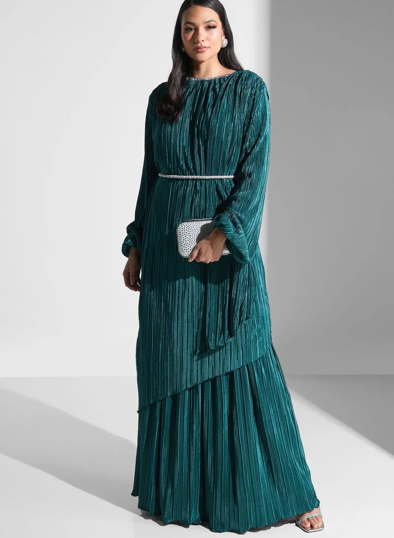 Golden Apple Plisse Belted Dress